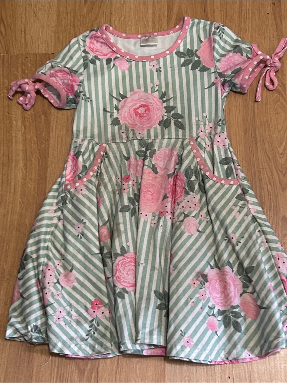 Girls Pink Floral Stripe Casual Dress with Tie Sleeves